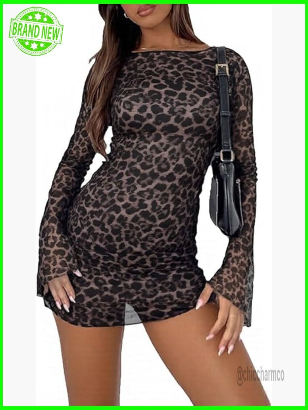 Long Sleeve Mini Dress Boat Neck Mesh Bell Sleeve Sheer Back Bodycon Y2k